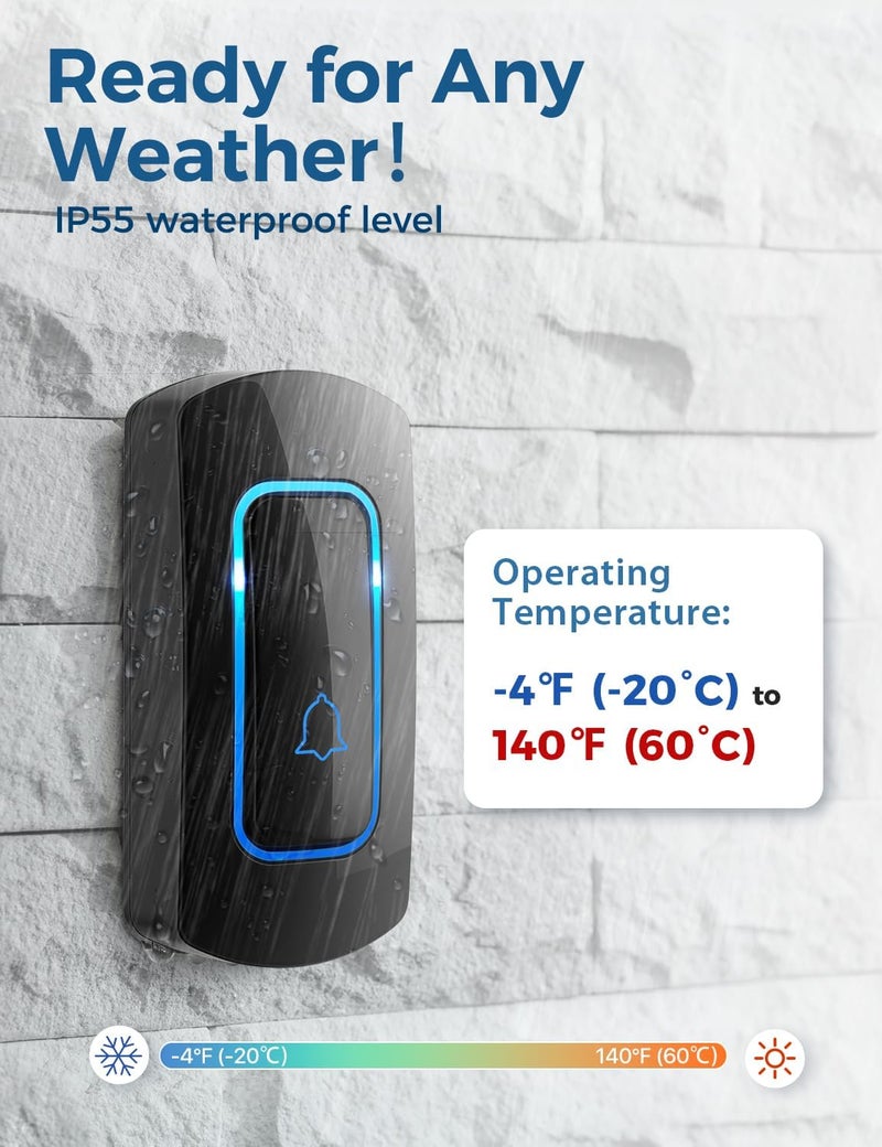 AVANTEK جرس باب لاسلكي D-3C، مجموعة جرس باب بمدى 1300 قدم، 52 لحن، حتى 115 ديسيبل حجم وإضاءة LED مع 2 مستقبلات قابلة للتوصيل و1 زر ضغط، أسود - Image 5